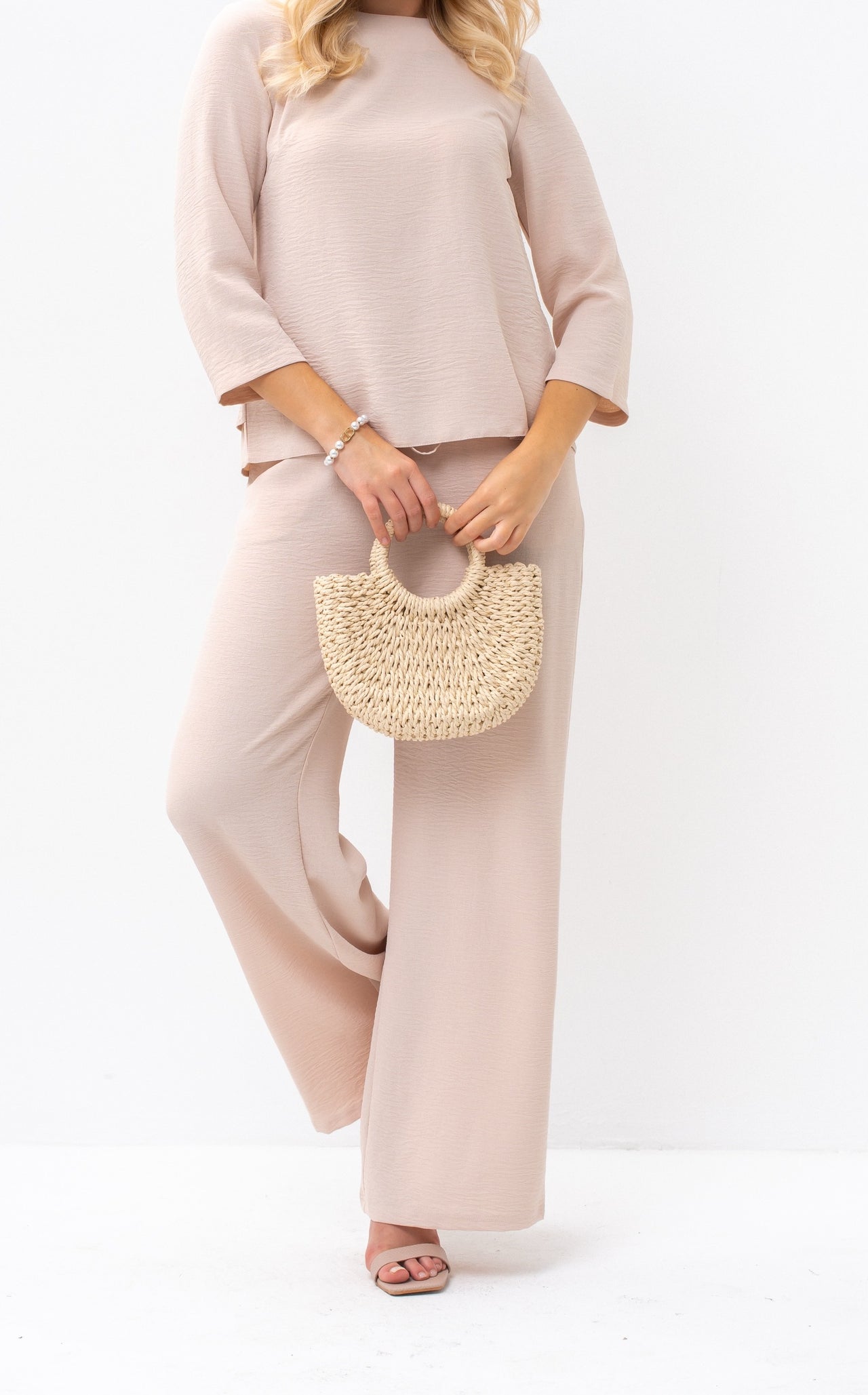 Romantic Back-Tie Peplum Blouse and Matching Pants Beige Outfit