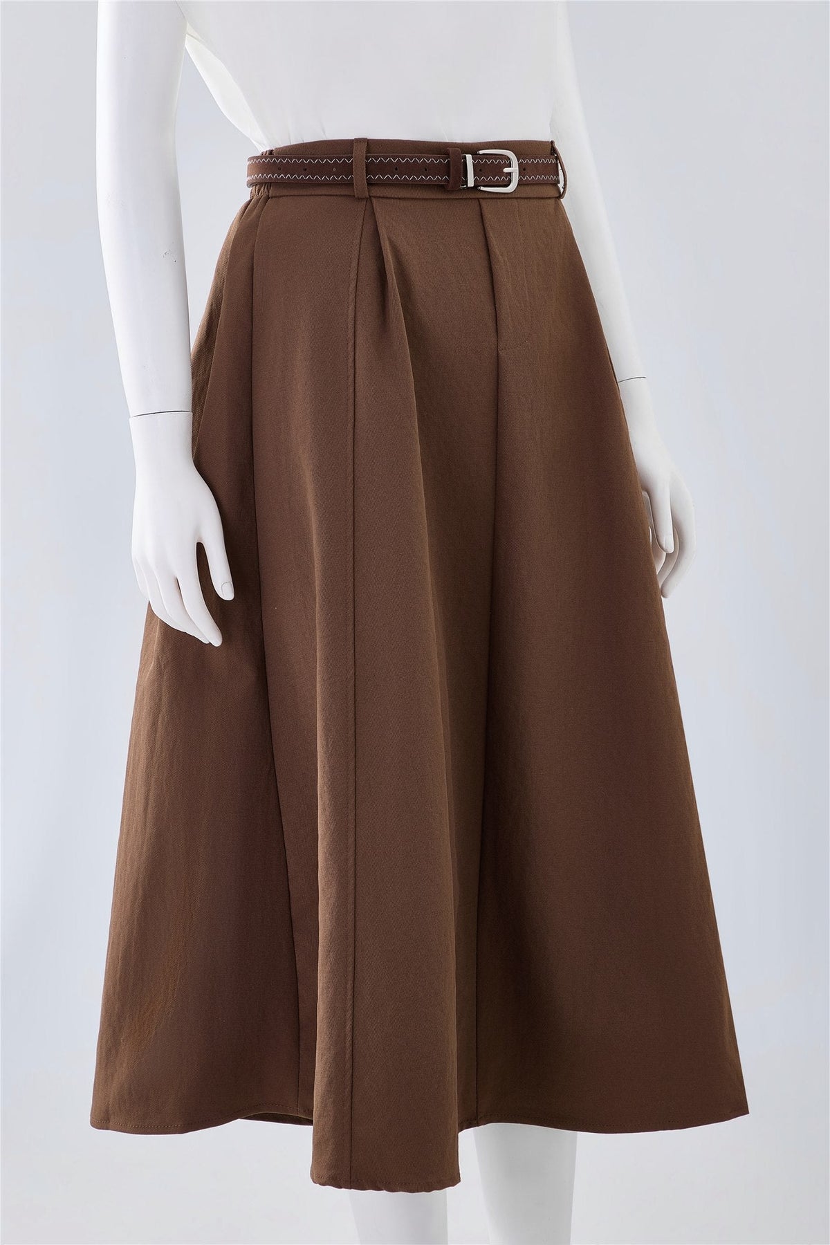 Brown Belted A-Line Midi Skirt — Image 3