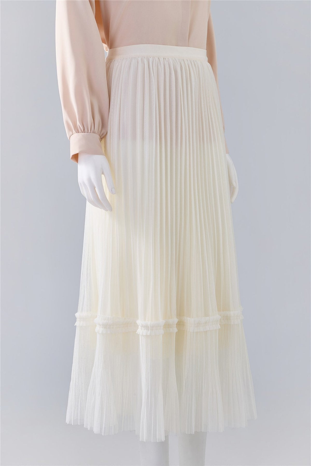 Ivory Pleated Ruffle-Hem Midi Skirt — Image 3