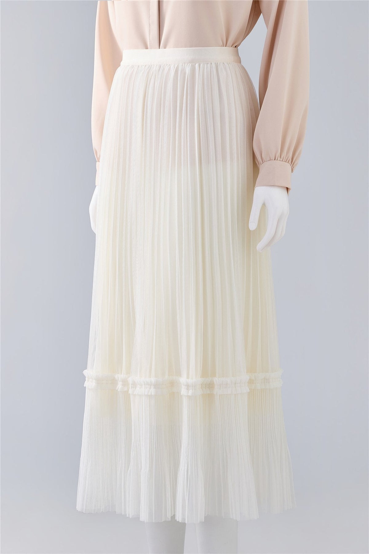 Ivory Pleated Ruffle-Hem Midi Skirt — Image 2