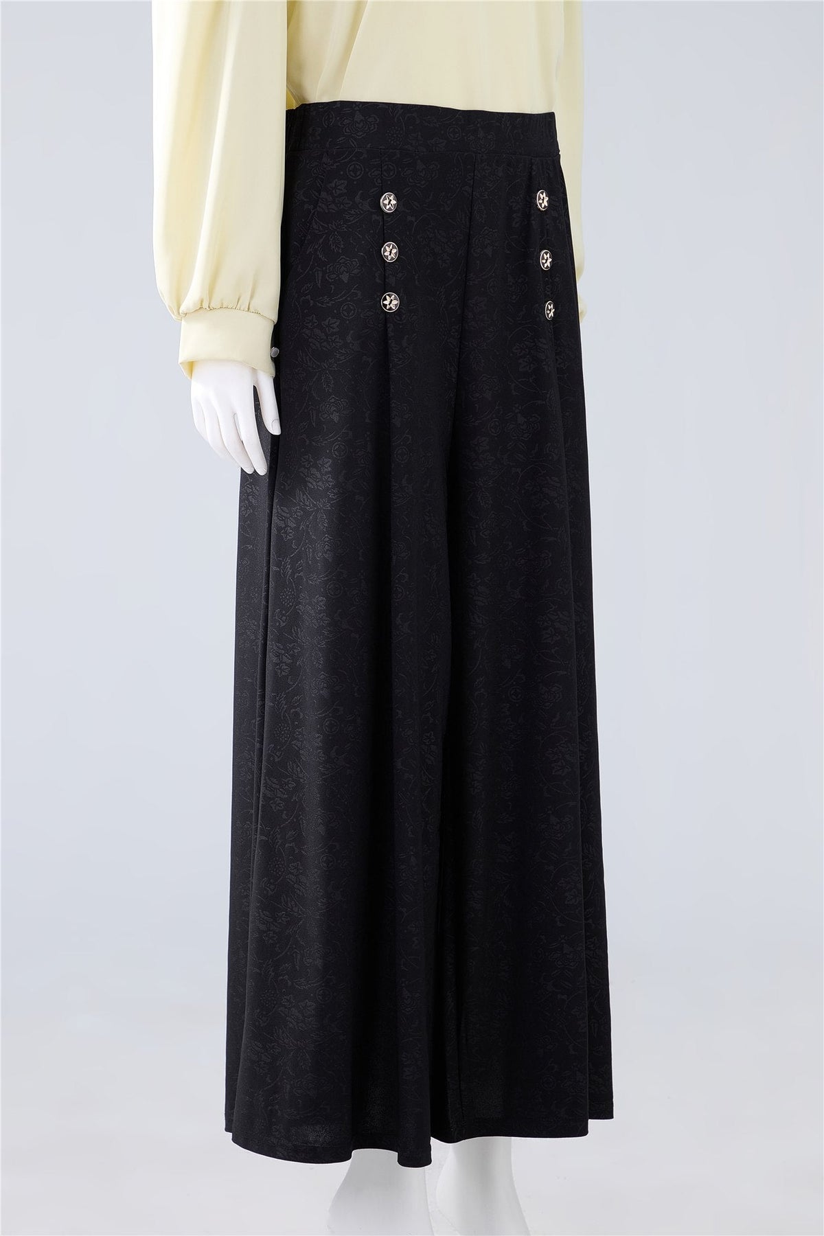 Black Button-Detail Wide-Leg Trousers — Image 3