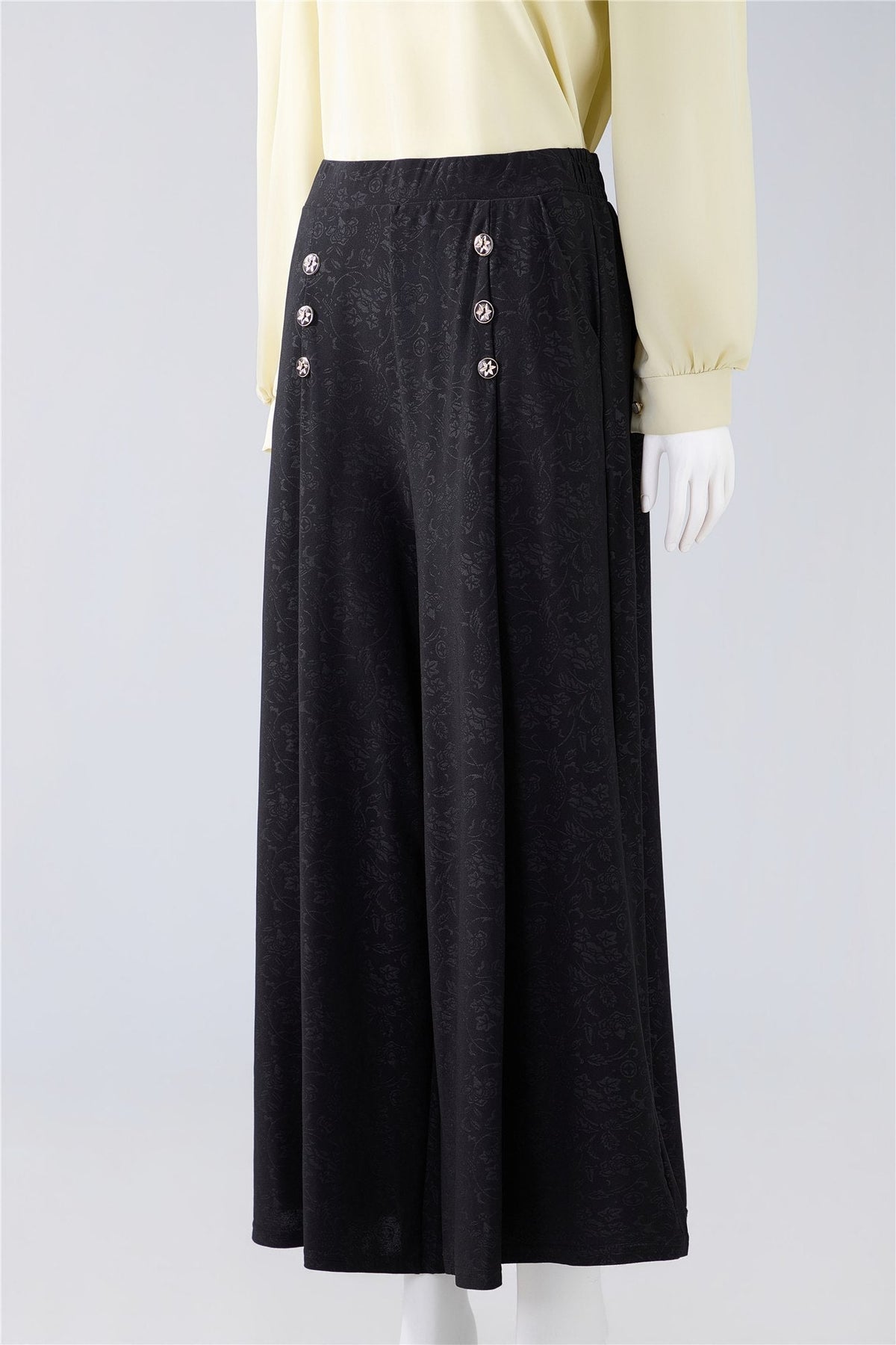 Black Button-Detail Wide-Leg Trousers — Image 2