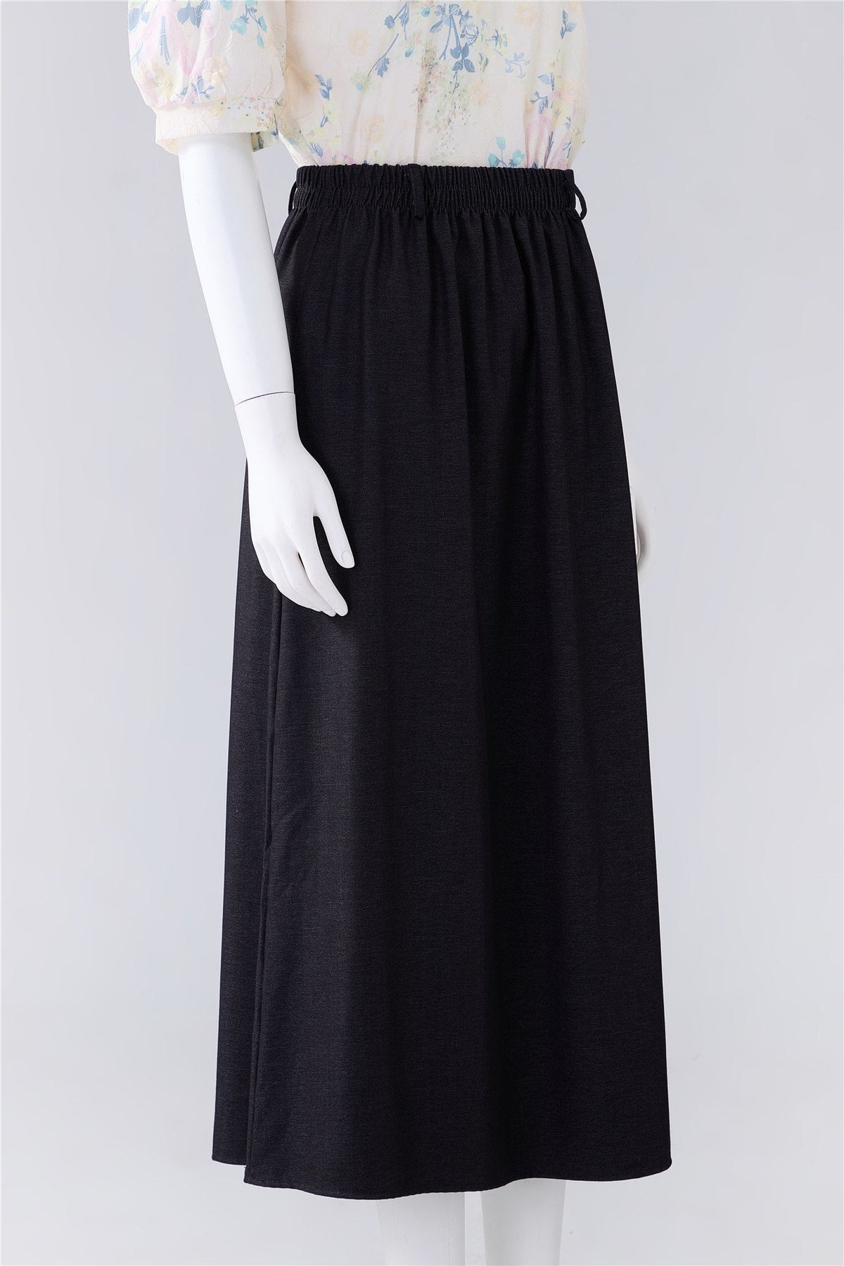 Black Elastic-Waist Midi Skirt — Image 3