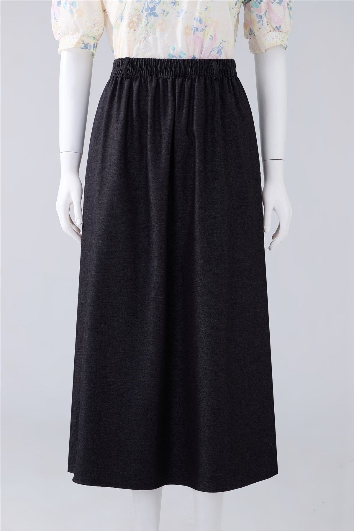 Black Elastic-Waist Midi Skirt — Image 1
