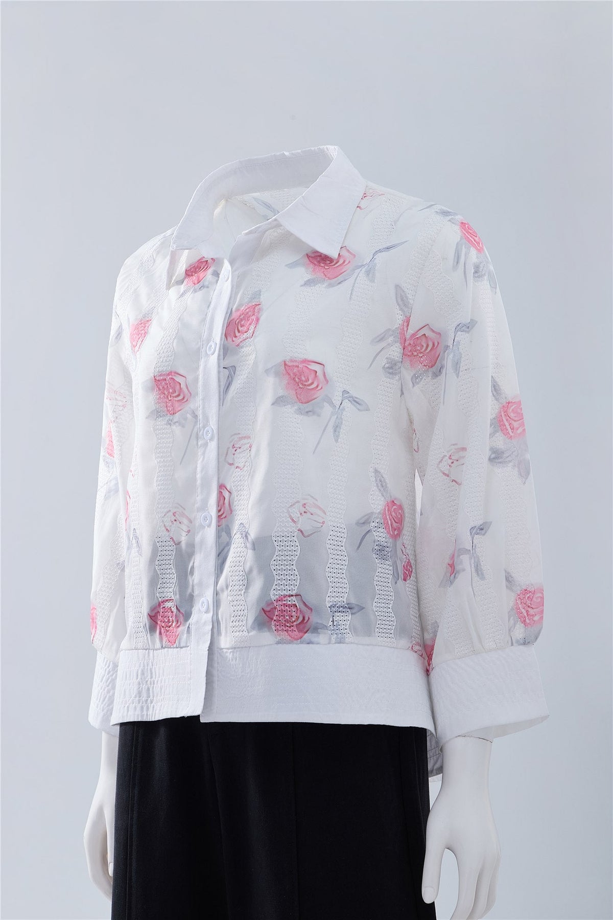 White Floral Button-Front Blouse — Image 3