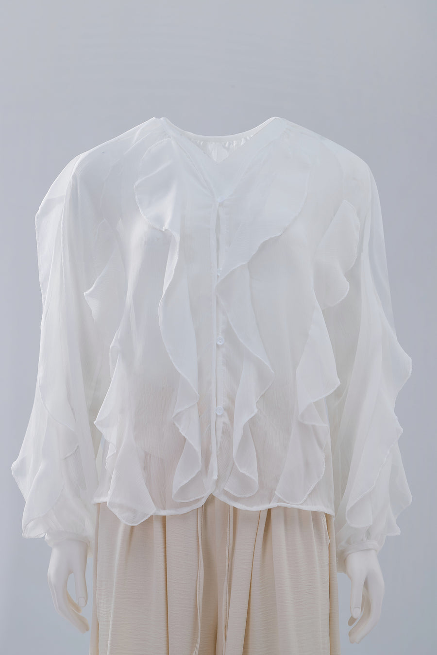 
White Gathered Long-Sleeve Blouse
